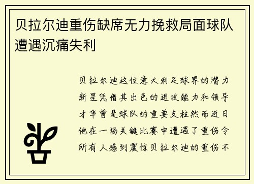贝拉尔迪重伤缺席无力挽救局面球队遭遇沉痛失利